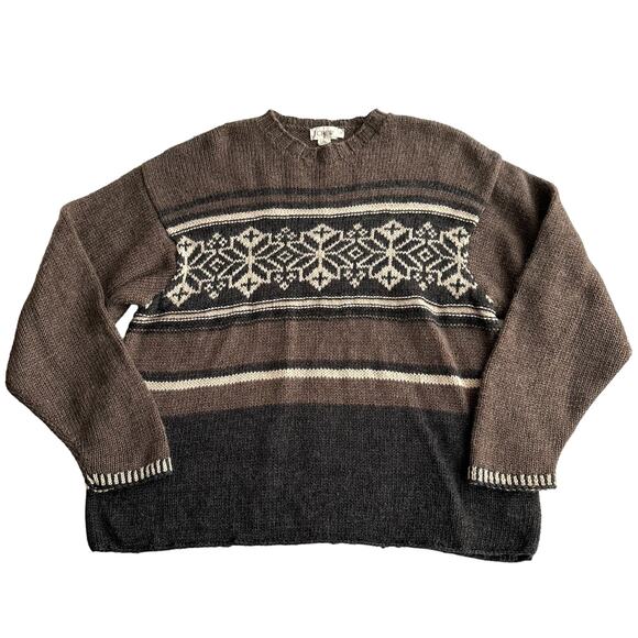 J Crew VTG 90s 100% Wool Chunky Knit Snowflake Fair Isle Brown Gray Sweater M - Picture 1 of 9